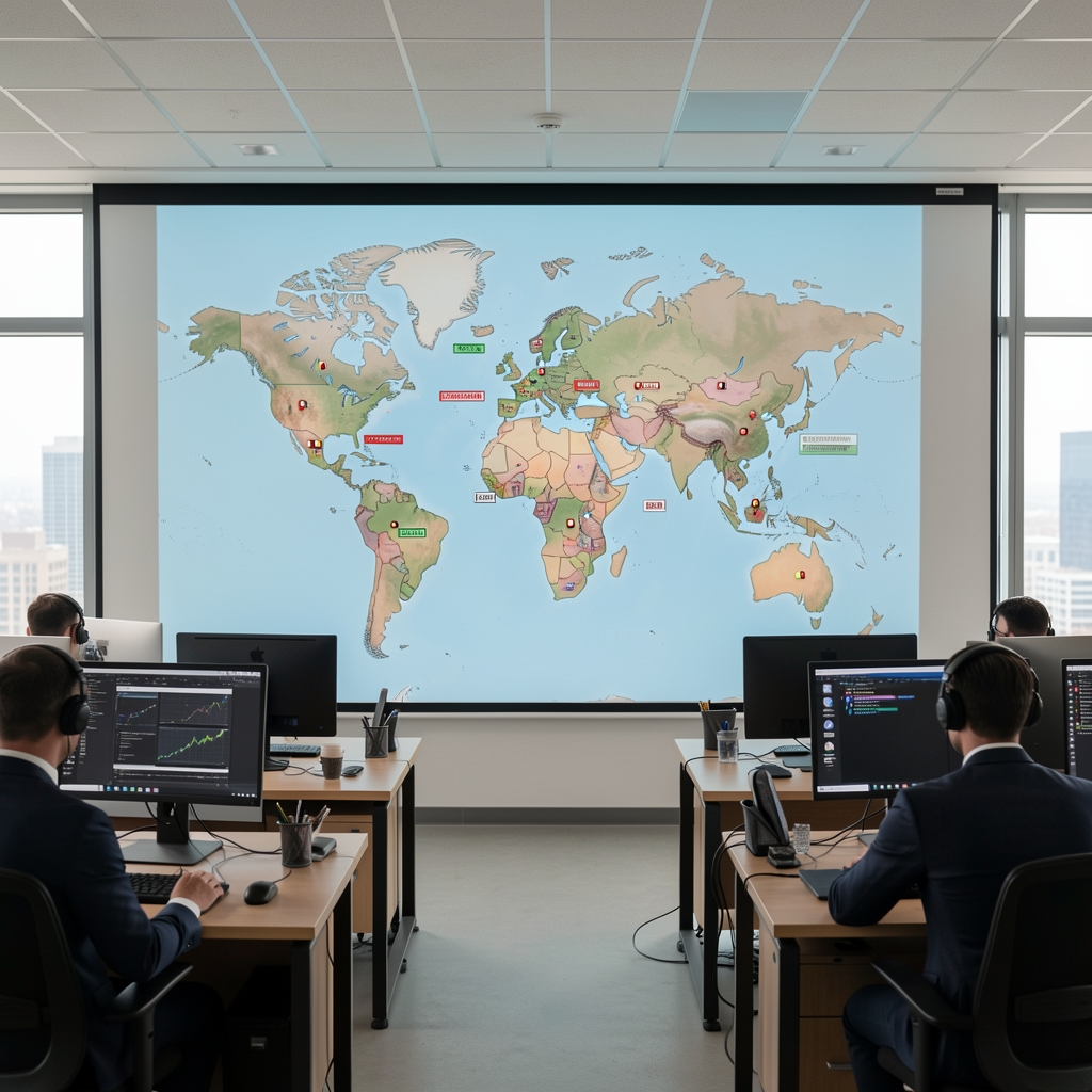 Karta svijeta s analitičkim markerima i geopolitičkim zonama projicirana u modernom newsroomu s novinari u radu
