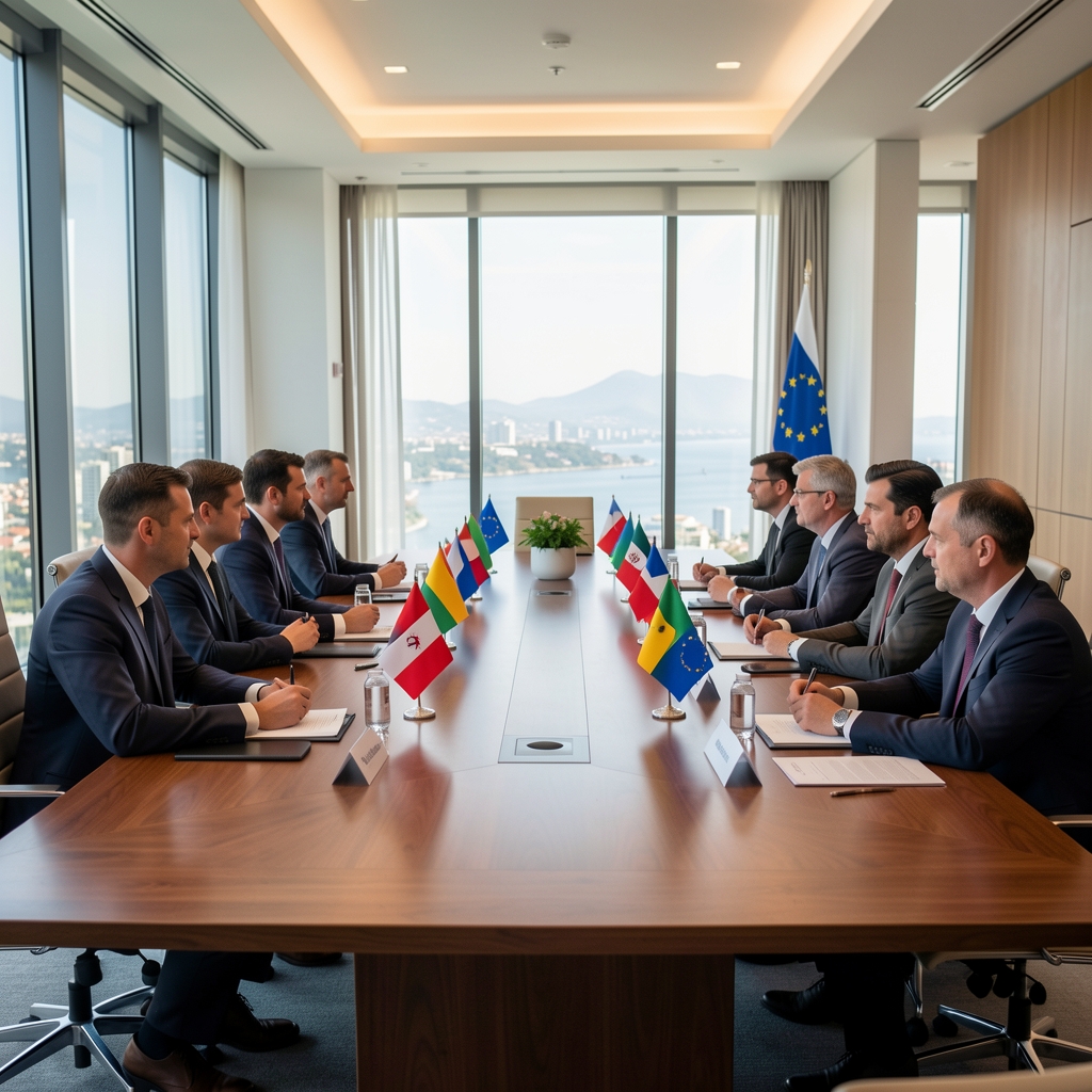 Diplomatski sastanak na Balkanu — pregovarački stol s zastajama europskih zemalja u modernoj dvorani za konferencije