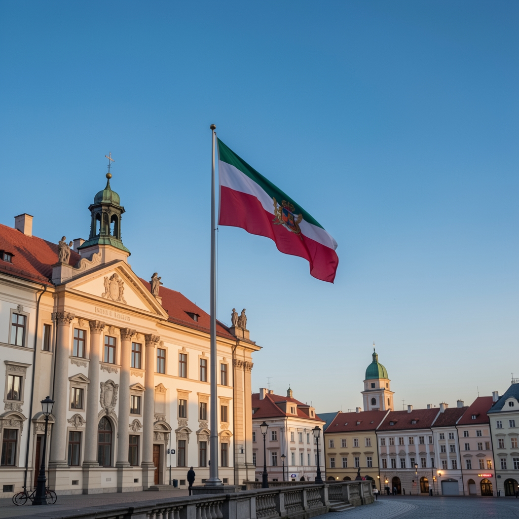 Zgrada Hrvatskog sabora u Zagrebu s nacionalnom zastavom i čistim plavim nebom, u predvečernjim satima