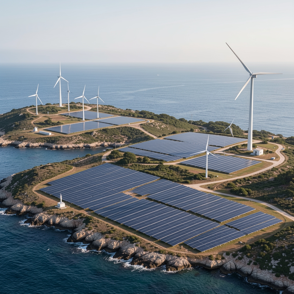 Solarne ploče i vjetroelektrane na jadranskim uzvisinama uz zamračeno nebo koje simbolizira energetsku tranziciju Europe