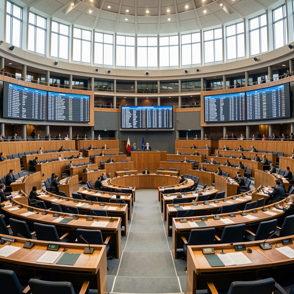 Unutrašnjost Europskog parlamenta u Strasbourgu — polukružna dvorana s klupama zastupnika i ekranima s glasačkim rezultatima