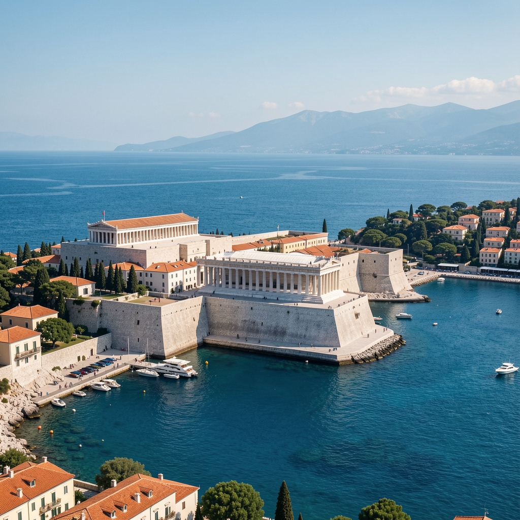 Panoramski pogled na Split s povijesnom jezgrom, Dioklecijanovom palačom i modrim Jadranskim morem u pozadini za vedrog dana