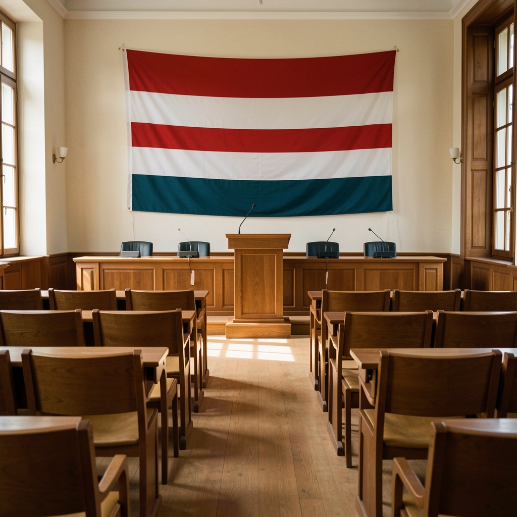 Zasjedanje Hrvatskog sabora — zastupnička dvorana s klupama i govornicom, hrvatska zastava u pozadini