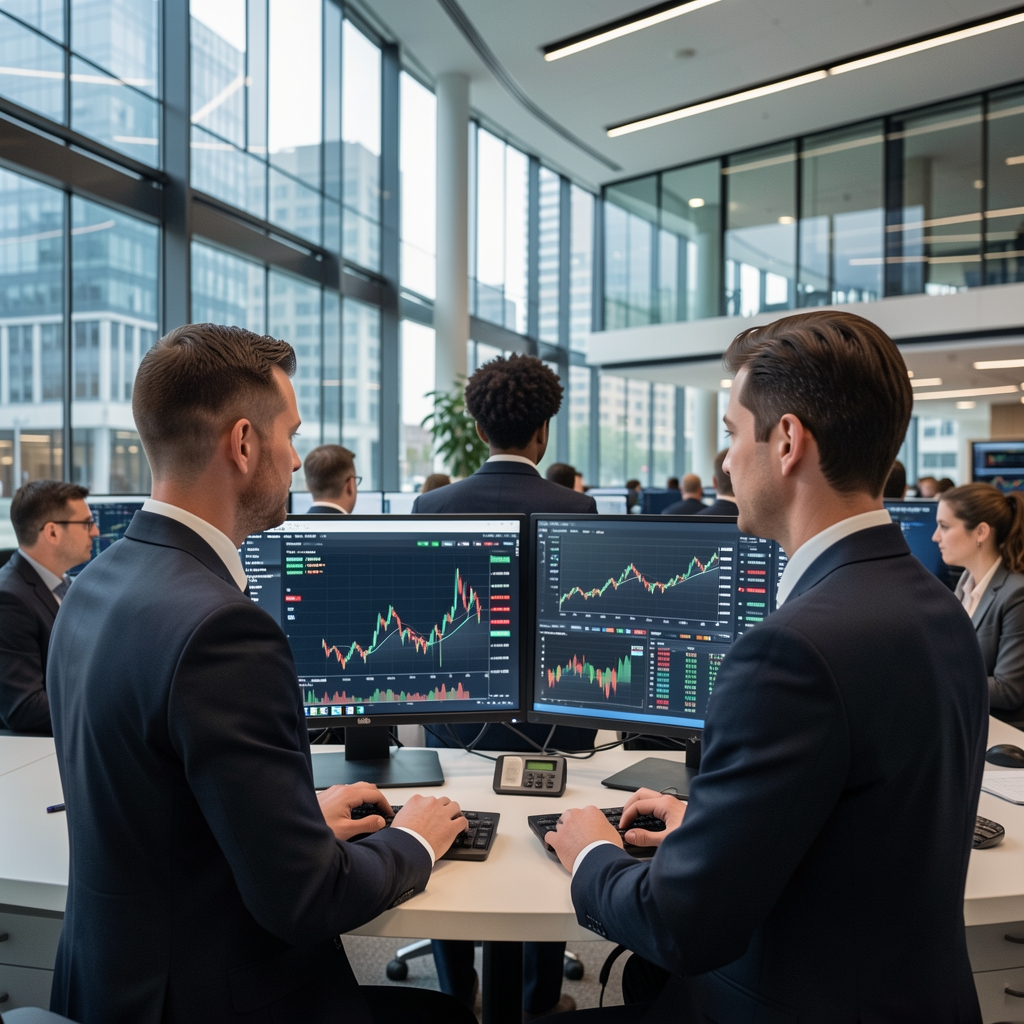 Analitičari financijskog tržišta prate ekrane s grafovima i indeksima na burzovnom podu modernog financijskog centra