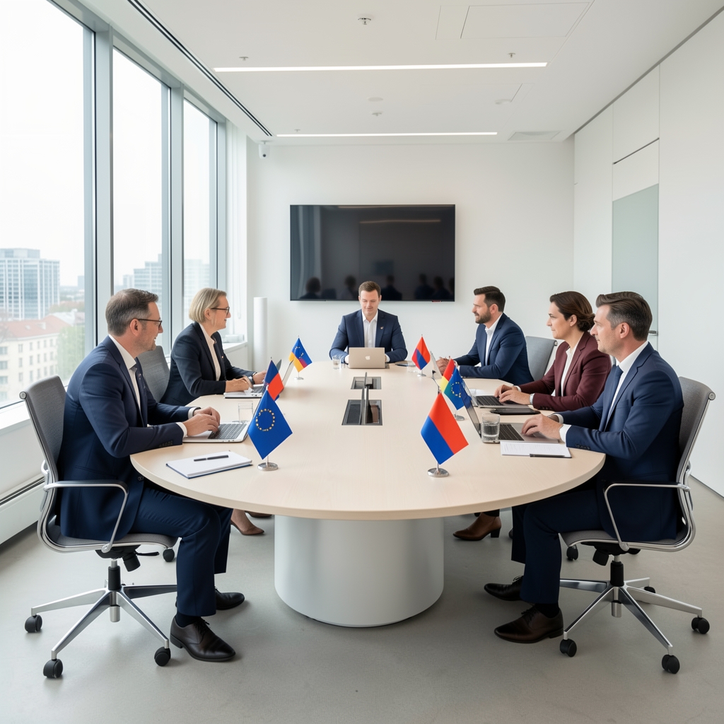 Čelnici Europske unije na formalnom summitu u Bruxellesu, pregovaračke delegacije oko okruglog stola s nacionalnim zastavama