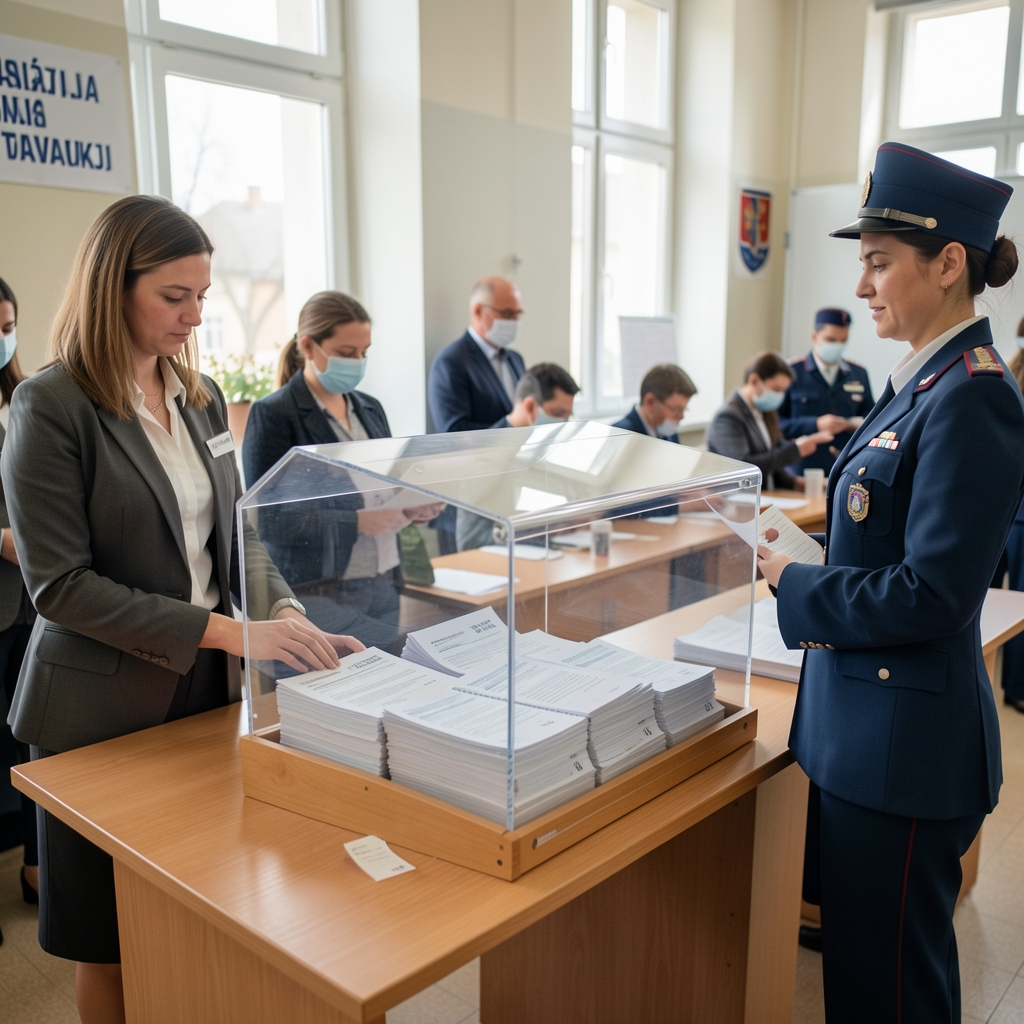 Birački sandučić na glasačkom biračkom mjestu u Hrvatskoj s glasačkim listićima i službenicima izbornog povjerenstva