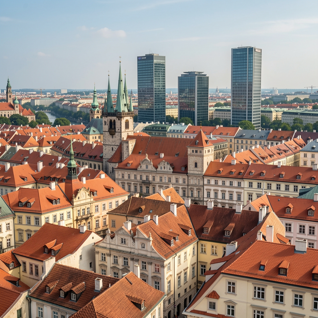 Panoramski pogled na Zagreb sa stoljetnom arhitekturom Gornjeg grada, crveni krovovi i moderna poslovni neboderi u pozadini